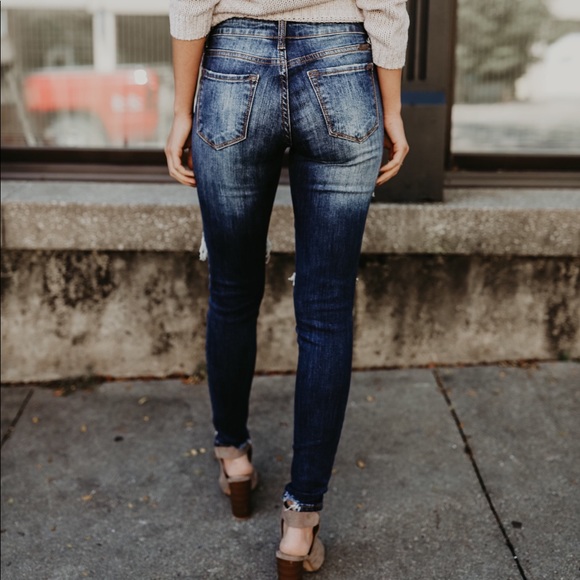 Distressed Denim Ankle Skinny Dark Wash Jeans - Picture 5 of 9